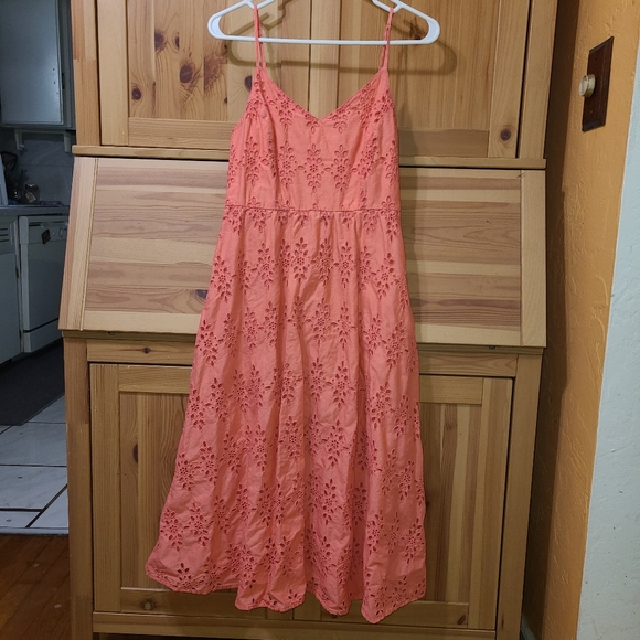 Coral Tea Length Spaghetti Strap Eyelet Dress - Picture 6 of 6
